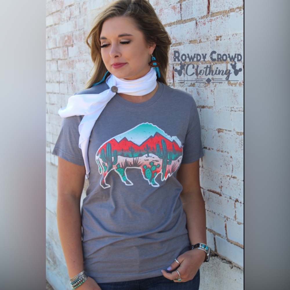 Rowdy Crowd Grey Bixby Bison Tee Cactus Turquoise Coral